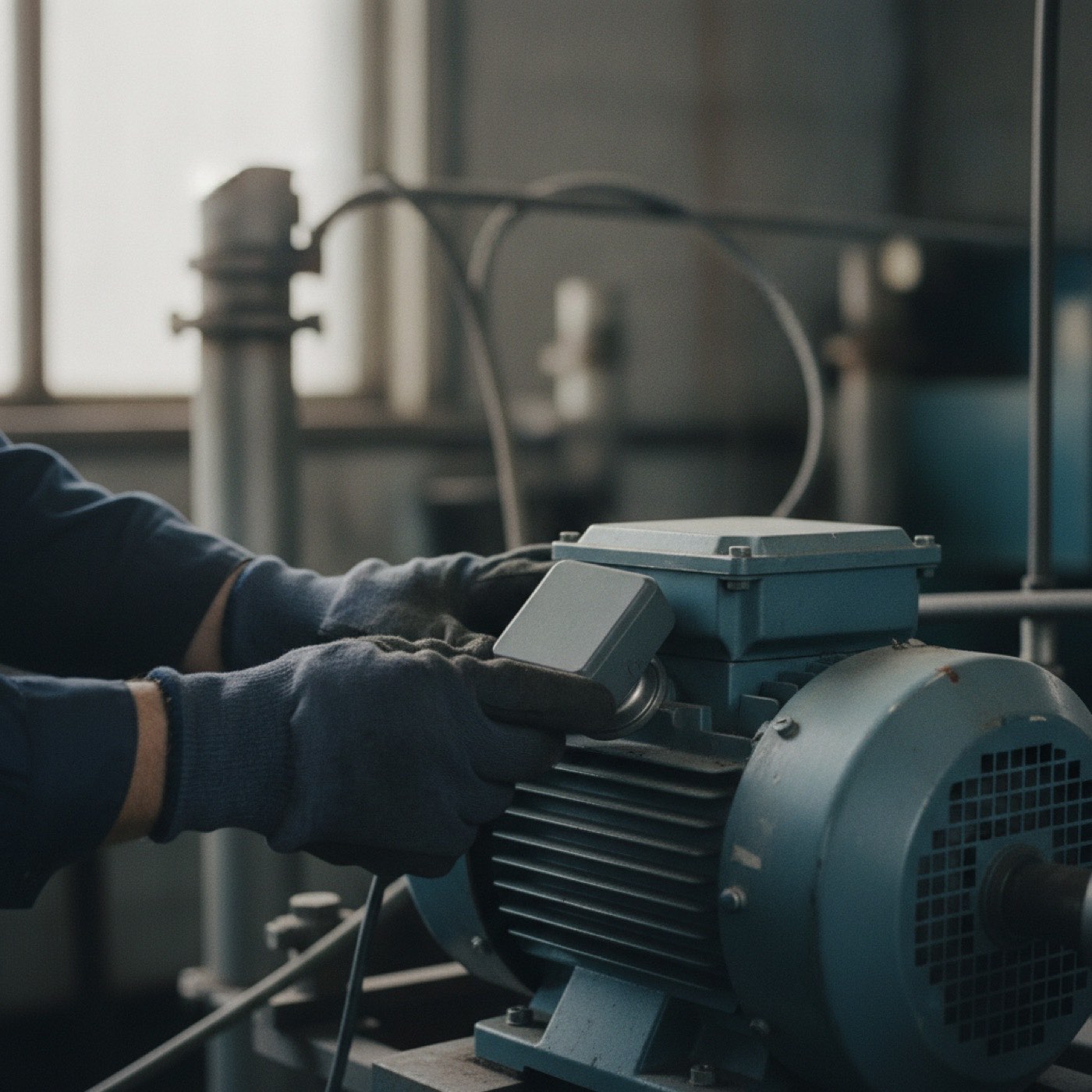 Sensor de vibración instalado en un motor industrial para mantenimiento predictivo